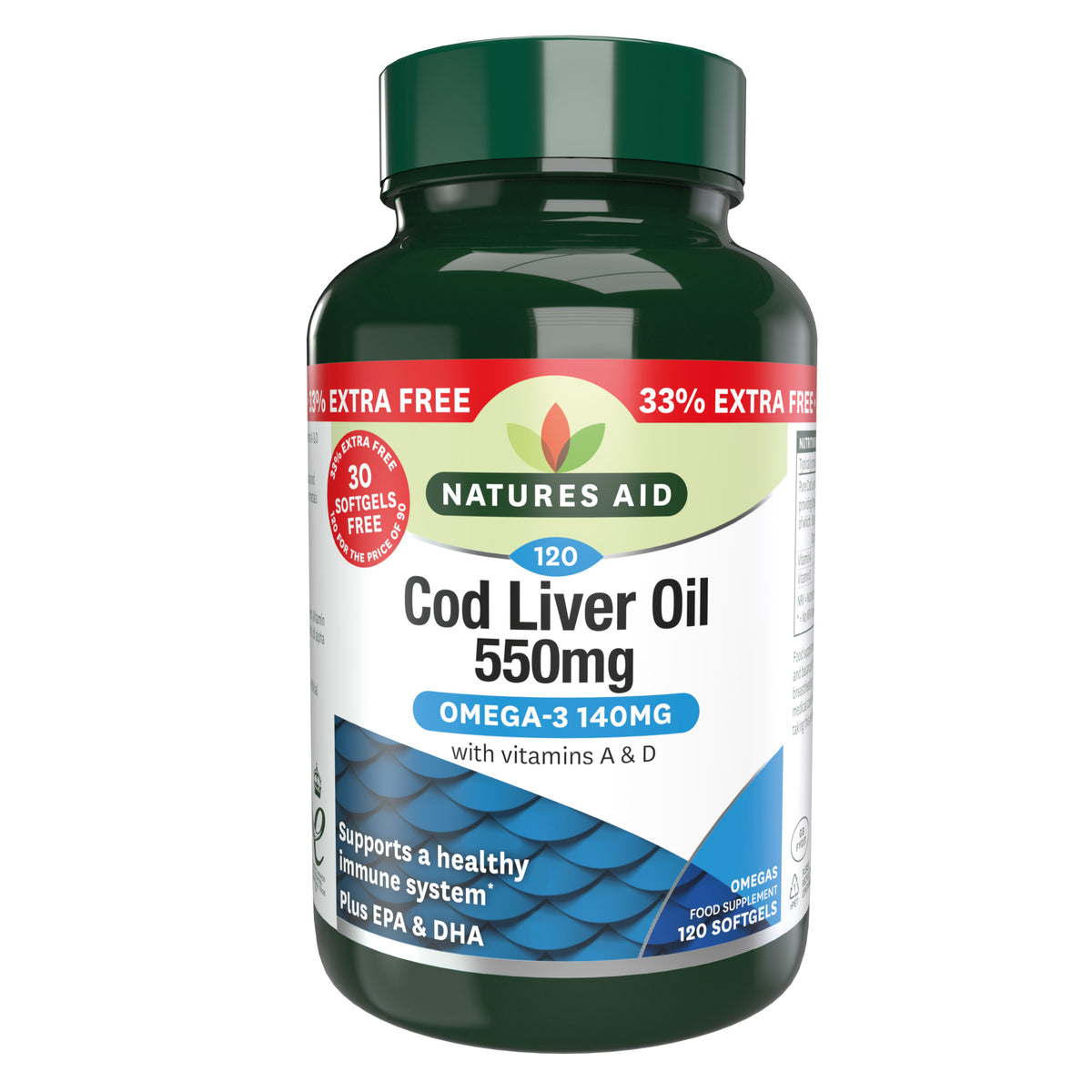 Natures Aid Cod Liver Oil 550Mg 33% Extra Free 120 softgels