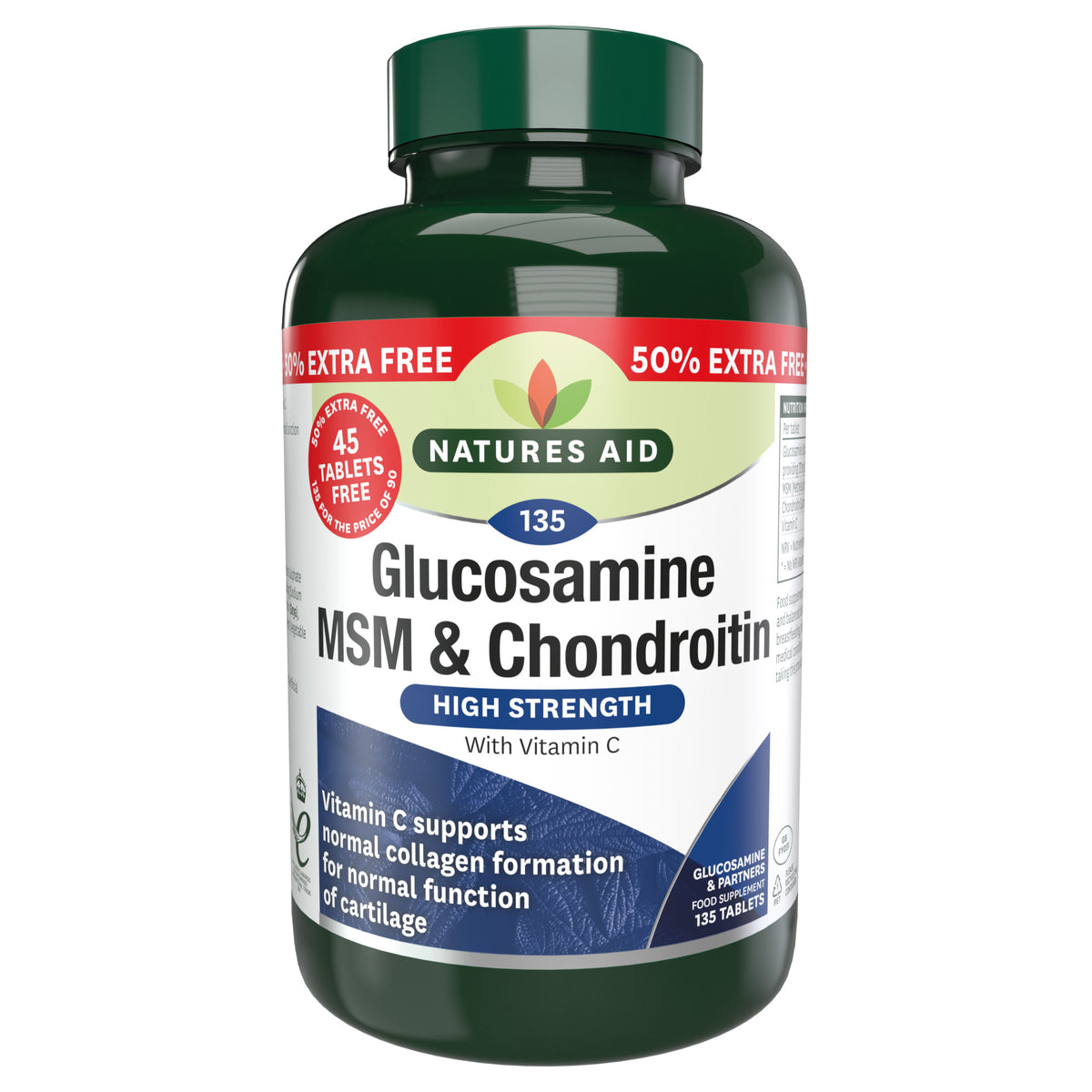 Natures Aid Glucosamine, MSM & Chondroitin 50% Extra 135 tablets